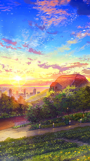 Anime Style Hillside Cottage at Sunset with Distant City Skyline and Vibrant Clouds HD phone wallpaper