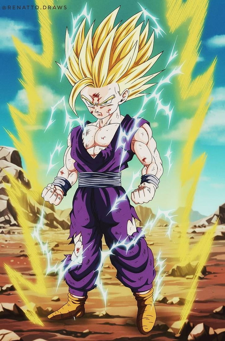 Super Saiyan 2 Gohan Anime Character Artwork with Golden Aura and Lightning HD phone wallpaper