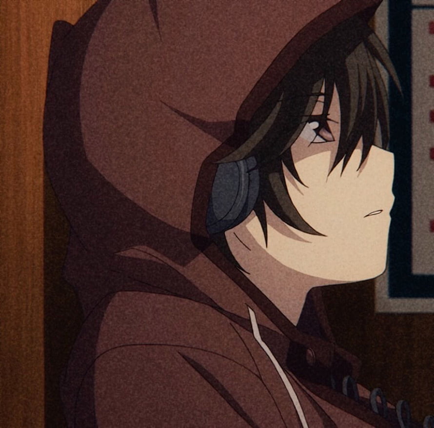 Anime Character in Brown Hoodie and Headphones with Melancholic Expression HD wallpaper