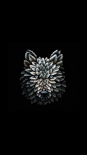 Surreal Wolf Head Sculpted from Layered Leaves with Glowing Blue Eyes on Black Background HD phone wallpaper