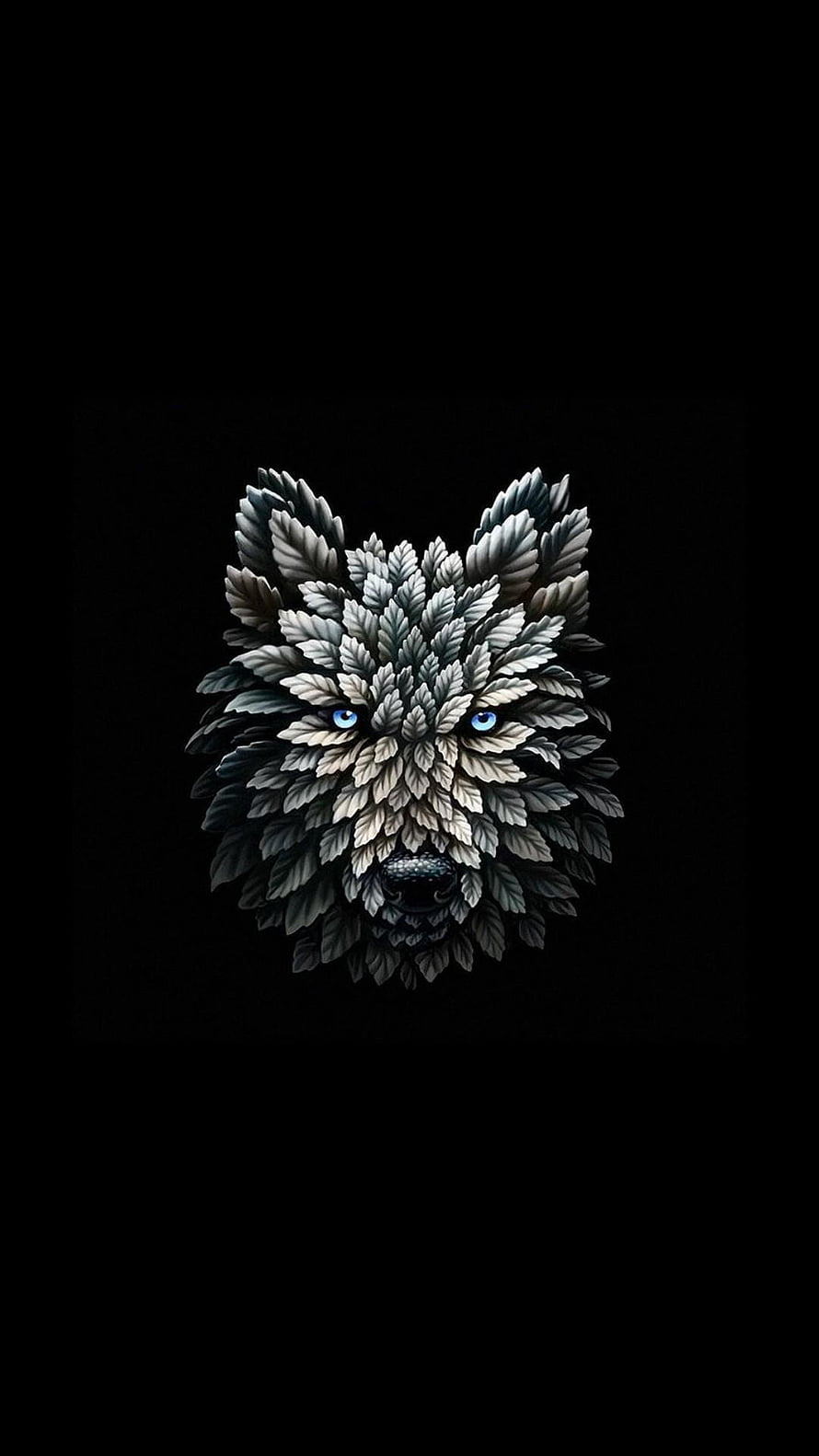 Surreal Wolf Head Sculpted from Layered Leaves with Glowing Blue Eyes on Black Background HD phone wallpaper