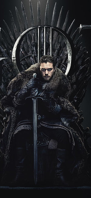 Jon Snow Seated on the Iron Throne Holding a Sword in Dark Fantasy Armor HD phone wallpaper