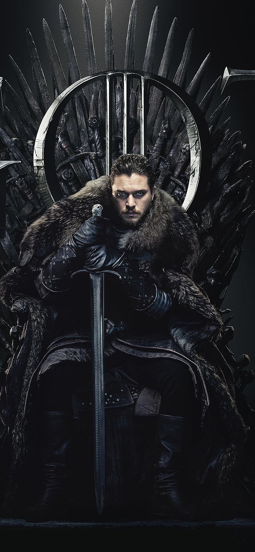Jon Snow Seated on the Iron Throne Holding a Sword in Dark Fantasy Armor HD phone wallpaper