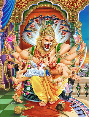 Lord Narasimha Killing Demon Hiranyakashipu Hindu Mythology Art HD phone wallpaper