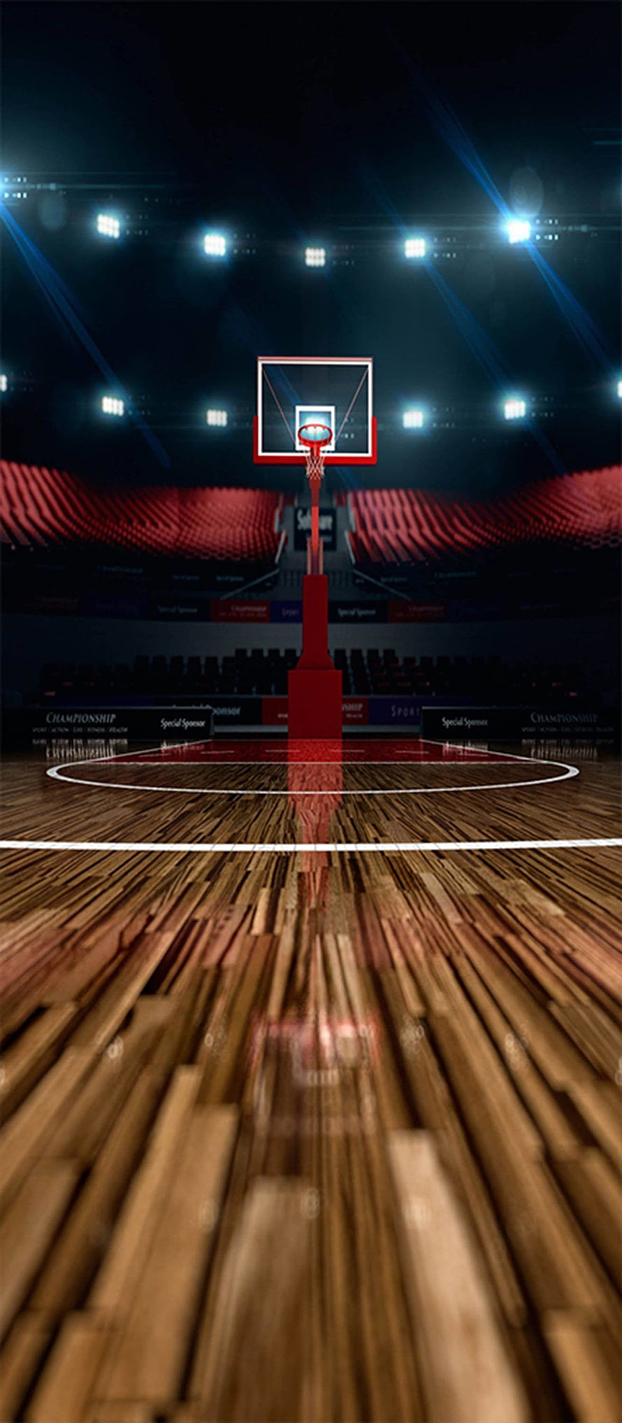 Empty Basketball Court With Red Seats And Bright Stadium Lights HD phone wallpaper