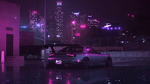 Mazda RX-7 FD3S in a Neon-Lit Cyberpunk Cityscape at Night HD wallpaper