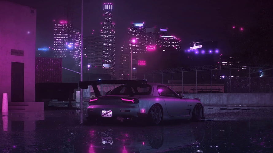 Mazda RX-7 FD3S in a Neon-Lit Cyberpunk Cityscape at Night HD wallpaper