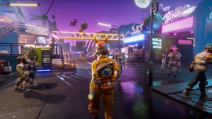 Splatoon 3 Neon City Plaza with Inkling Character and Arcade HD wallpaper