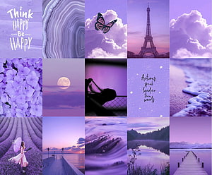 Purple Aesthetic Wallpaper Collage Featuring Lavender Fields, Eiffel Tower, Moon, and Inspirational Quotes HD wallpaper