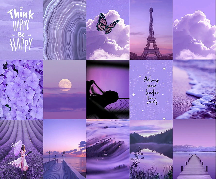 Purple Aesthetic Wallpaper Collage Featuring Lavender Fields, Eiffel Tower, Moon, and Inspirational Quotes HD wallpaper