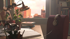 Cozy Animated Study Desk With Open Books, Headphones, And City View HD wallpaper