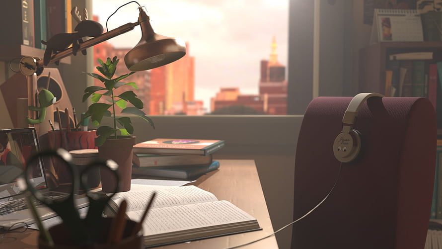 Cozy Animated Study Desk With Open Books, Headphones, And City View HD wallpaper