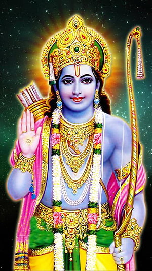 Lord Ram Devotional Portrait with Bow and Arrows in Ornate Golden Crown and Jewelry HD phone wallpaper