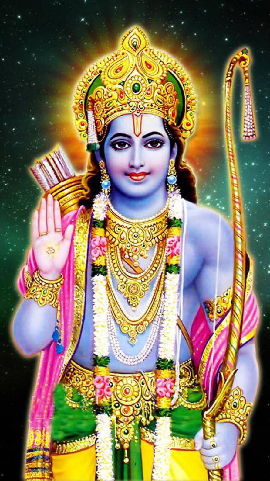 Lord Ram Devotional Portrait with Bow and Arrows in Ornate Golden Crown and Jewelry HD phone wallpaper
