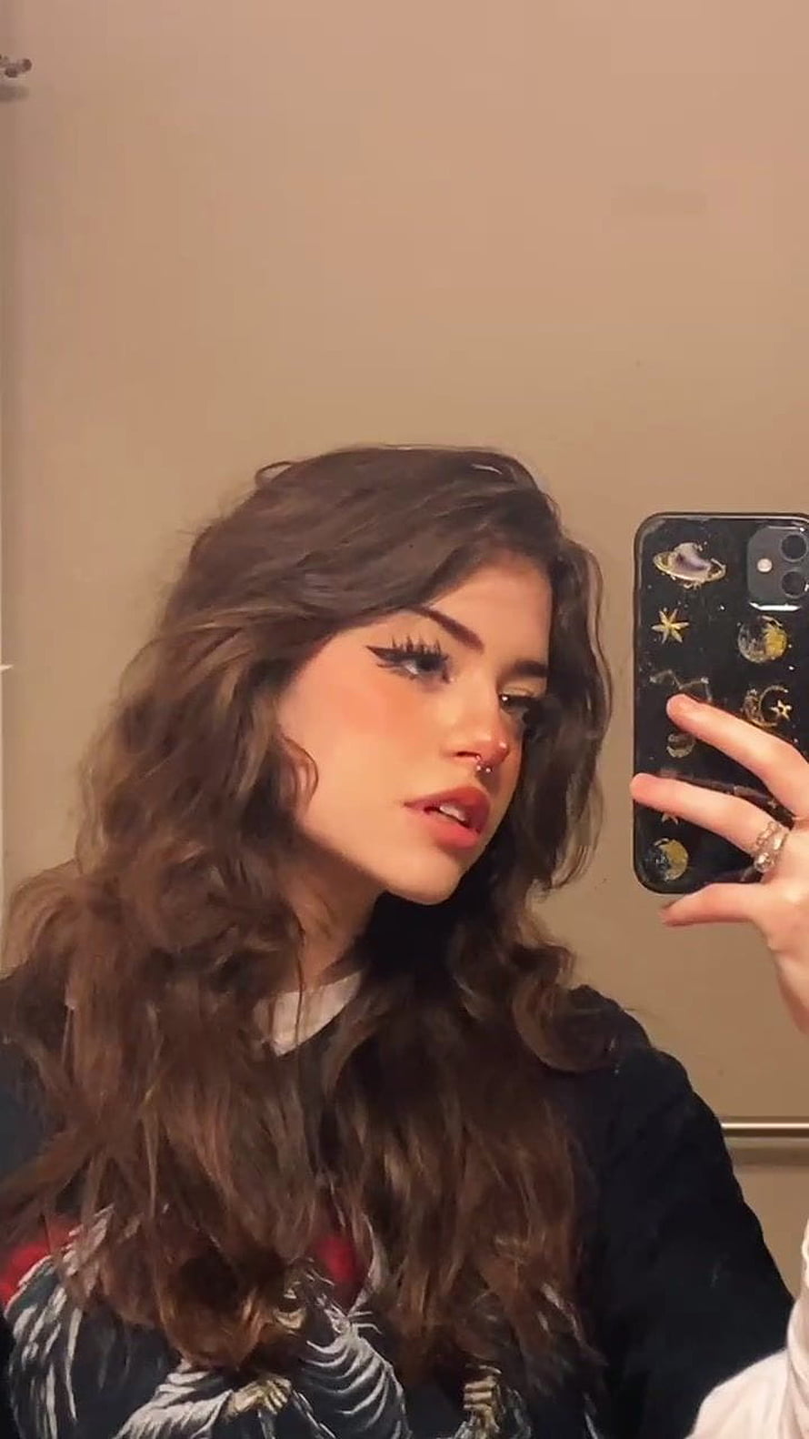 Young woman with long wavy brown hair taking a mirror selfie with a celestial phone case, 13 Hannah owo forbidden content ideas HD phone wallpaper