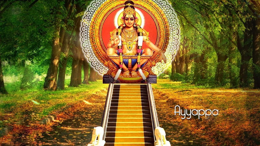 Ayyappa Swamy Divine Portrait Seated on Temple Steps in Lush Forest Setting HD wallpaper