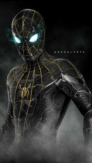 Spider-Man Black and Gold Suit Concept Art with Glowing Eyes and Misty Atmosphere, Spiderman Black and Gold Suit 13 pro max, 13 pro marvel HD phone wallpaper