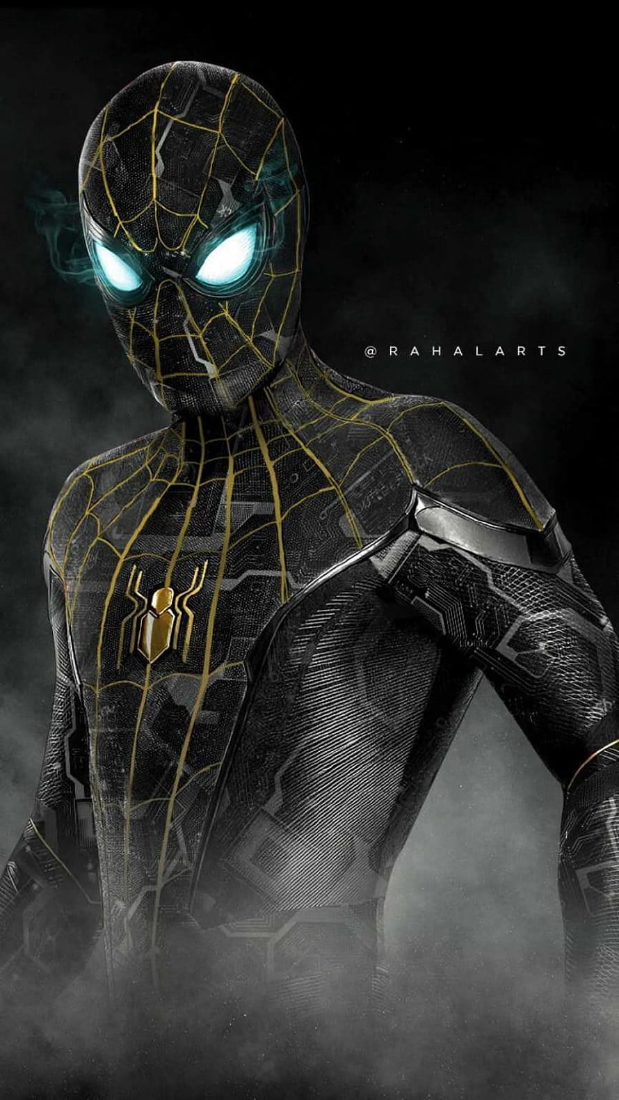 Spider-Man Black and Gold Suit Concept Art with Glowing Eyes and Misty Atmosphere, Spiderman Black and Gold Suit 13 pro max, 13 pro marvel HD phone wallpaper