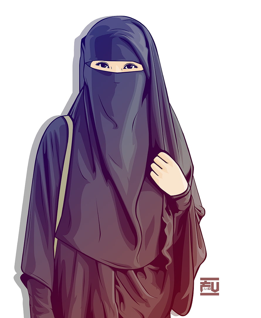 Digital Art Portrait of a Woman Wearing a Purple Niqab and Abaya, Hijab Cartoon Dp, girl cartoon hijab HD phone wallpaper