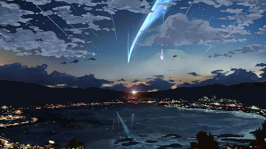 Your Name Anime Night Sky with Meteor Shower Over Coastal City and Mountains HD wallpaper