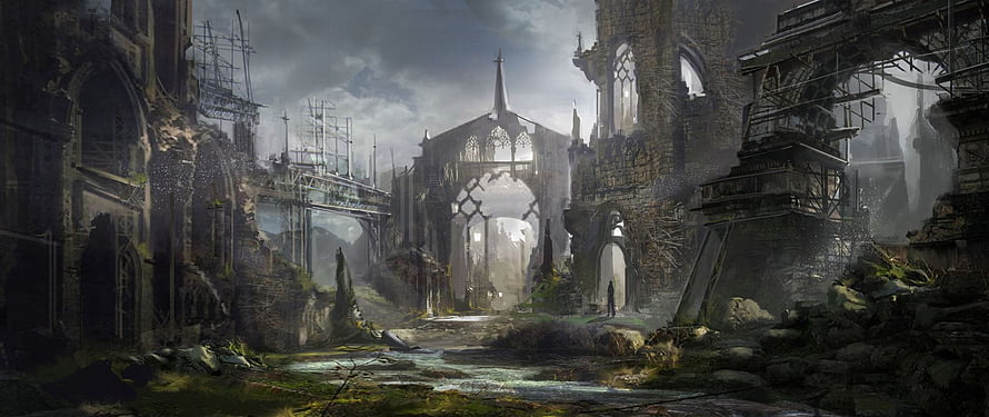 Atmospheric Fantasy Ruins of an Ancient Gothic City with Overgrown Architecture HD wallpaper