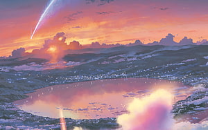 Your Name Anime Itomori Lake Sunset with Meteor and Cherry Blossoms HD wallpaper