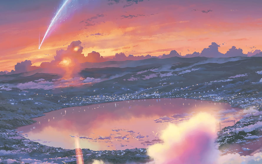 Your Name Anime Itomori Lake Sunset with Meteor and Cherry Blossoms HD wallpaper