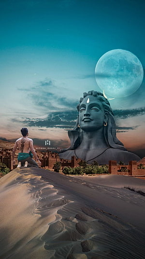 Giant Shiva Statue in Desert Landscape with Meditating Man and Full Moon, lord shiva full screen, #Lord shiva HD phone wallpaper