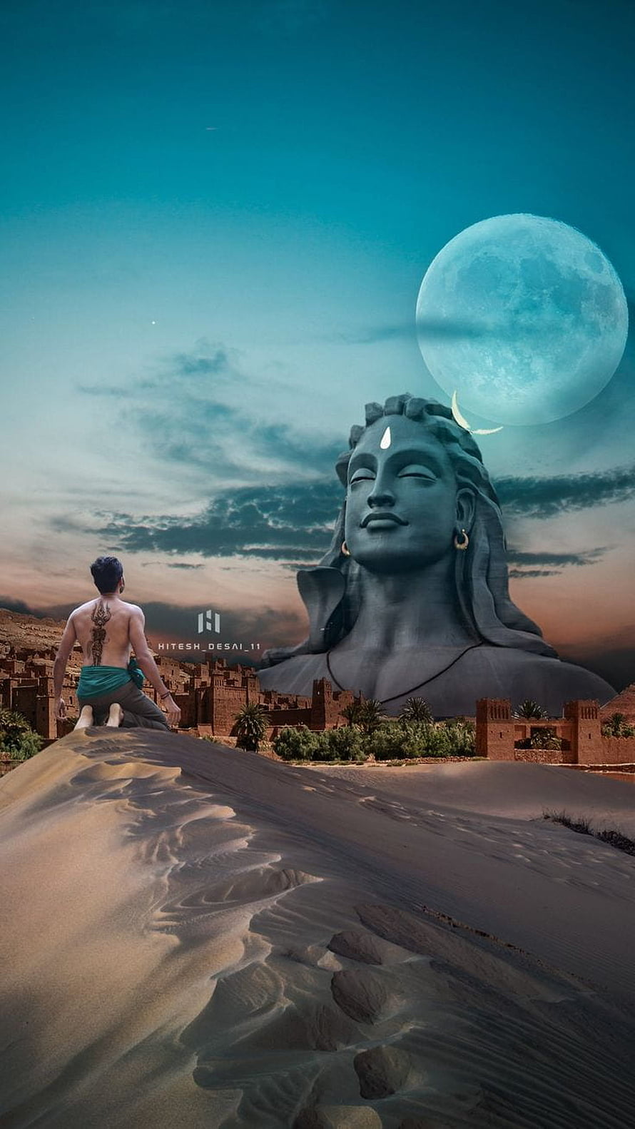 Giant Shiva Statue in Desert Landscape with Meditating Man and Full Moon, lord shiva full screen, #Lord shiva HD phone wallpaper