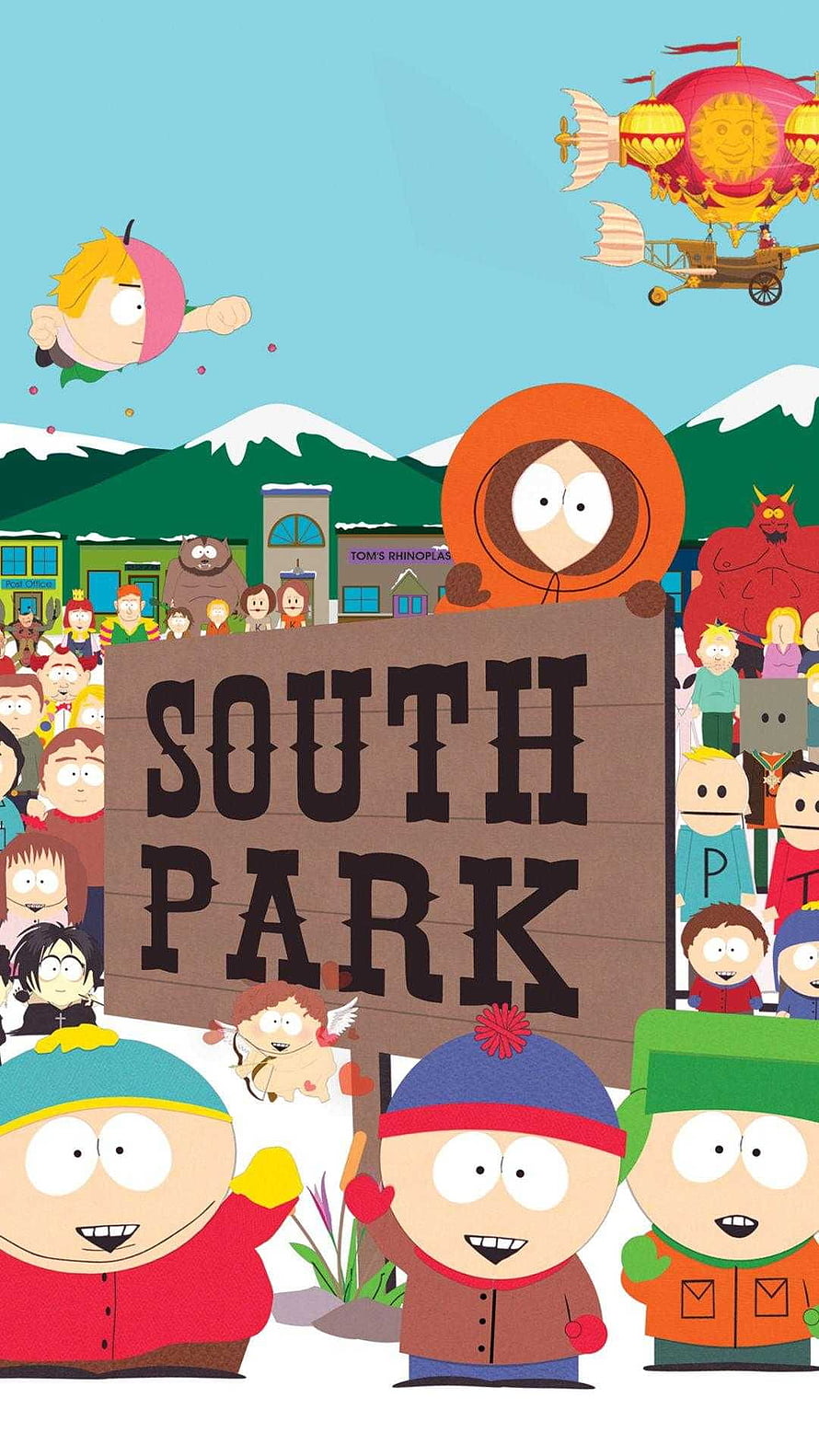 South Park Main Characters Holding Sign in Town Square with Crowd and Hot Air Balloon HD phone wallpaper