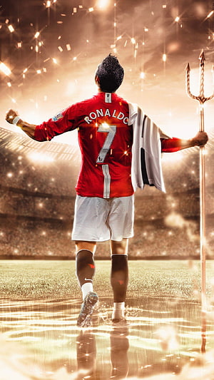 Cristiano Ronaldo in Manchester United Kit Holding a Golden Trident on a Glowing Stadium Pitch, Cristiano Ronaldo • For You, young ronaldo HD phone wallpaper