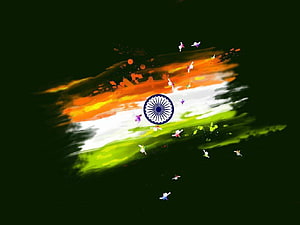 Painted Indian National Flag with Ashoka Chakra and Floating Petals on Dark Background HD wallpaper