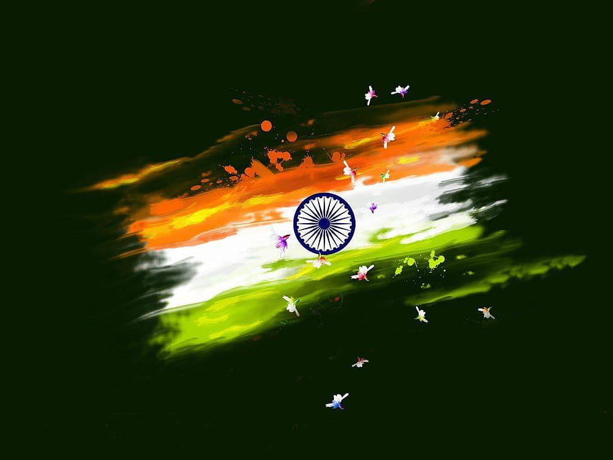 Painted Indian National Flag with Ashoka Chakra and Floating Petals on Dark Background HD wallpaper