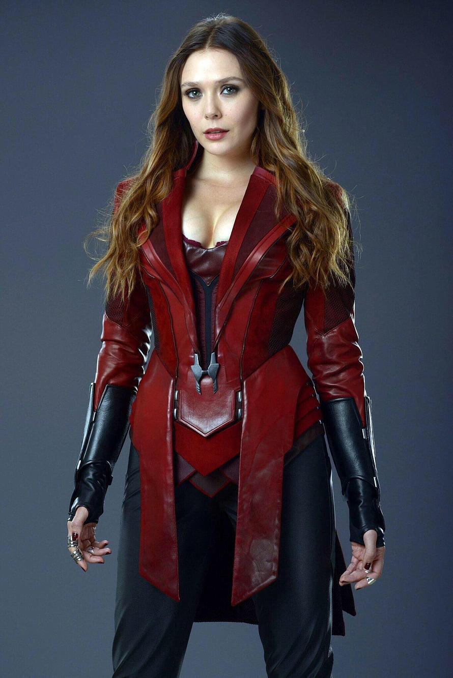 Elizabeth Olsen as Scarlet Witch in Red Leather Coat from Marvel Cinematic Universe HD phone wallpaper