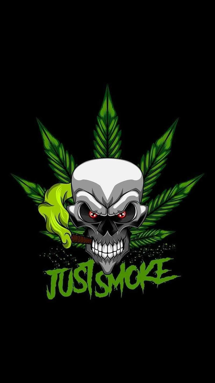 Edgy Skull With Red Eyes Smoking Joint Against Green Cannabis Leaves HD phone wallpaper