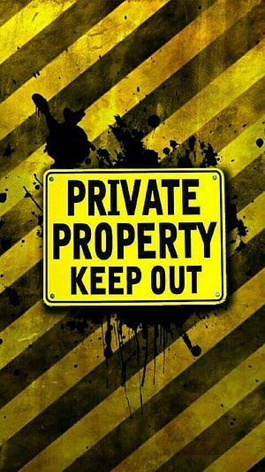 Grunge Private Property Keep Out Sign on Hazard Stripes Background HD phone wallpaper