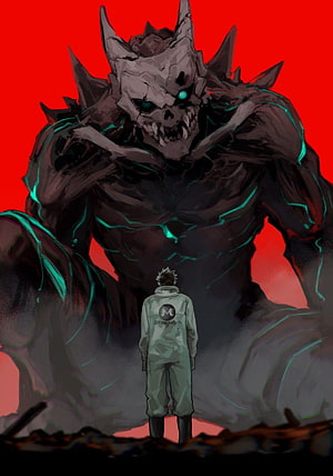 Kaiju No 8: Protagonist Confronts Massive Monster in Dark Fantasy Illustration HD phone wallpaper