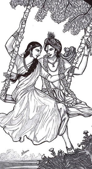 Radha and Krishna on a Swing Pencil Sketch Illustration HD phone wallpaper