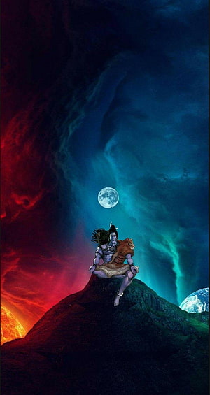 Lord Shiva Sitting on Mountain Peak with Moon and Planets in Cosmic Sky HD phone wallpaper