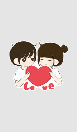 Cute Anime Couple Holding Red Heart With Love Text On Gray Background HD phone wallpaper