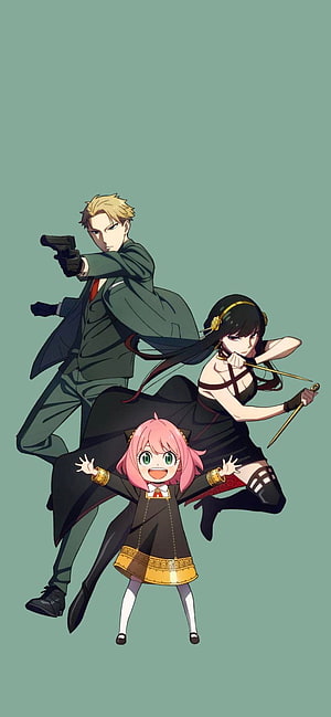 Spy x Family anime trio with Anya, Loid, and Yor in dynamic action poses on a muted green background HD phone wallpaper
