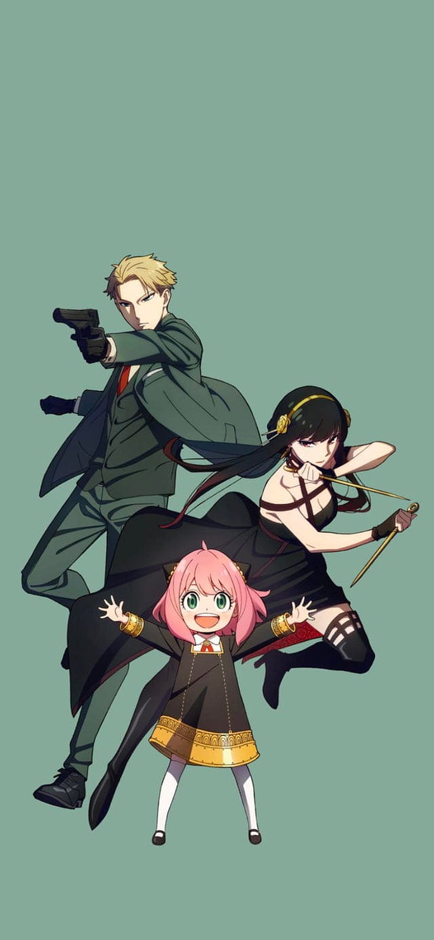Spy x Family anime trio with Anya, Loid, and Yor in dynamic action poses on a muted green background HD phone wallpaper
