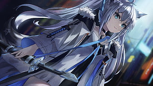 Silver-Haired Anime Girl with Cat Ears Holding a Sword in a Futuristic City HD wallpaper