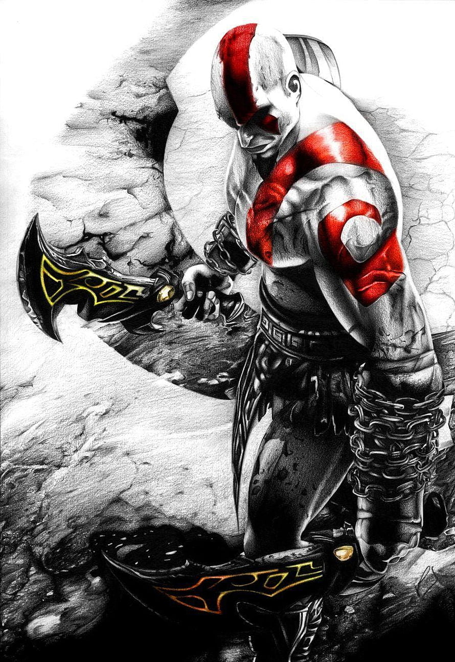 Kratos from God of War wielding the Blades of Chaos in a dramatic black and red illustration HD phone wallpaper
