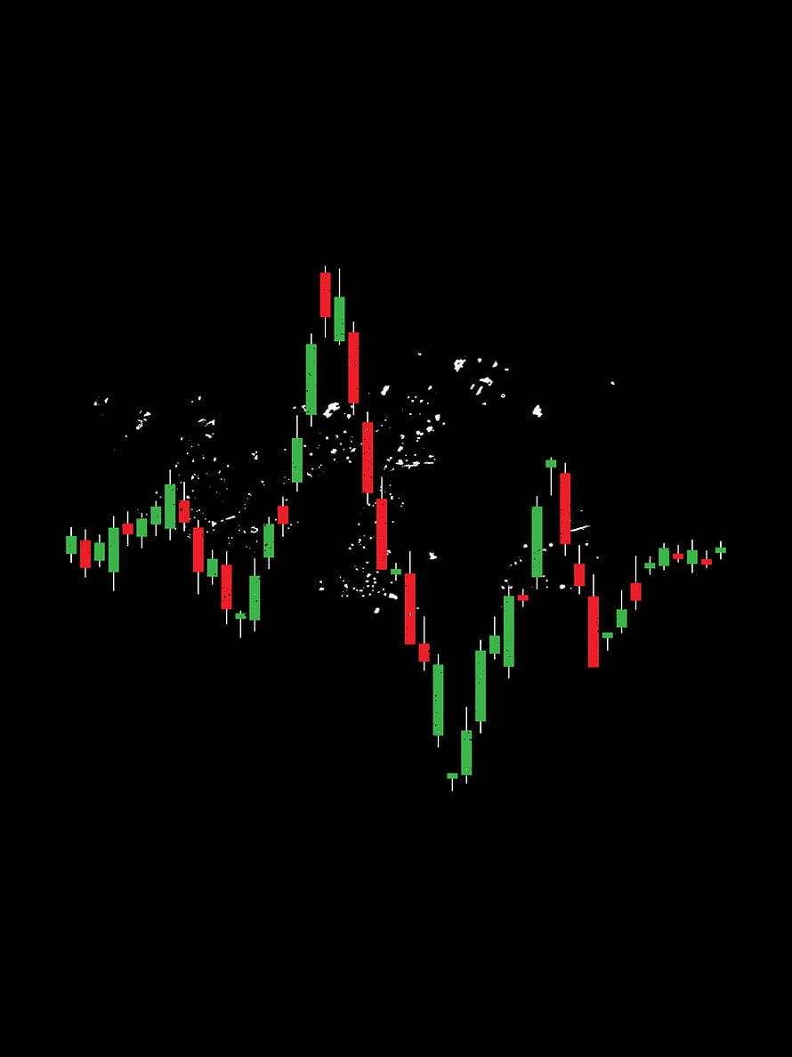 Red and green candlestick chart pattern forming a world map on a black background HD phone wallpaper
