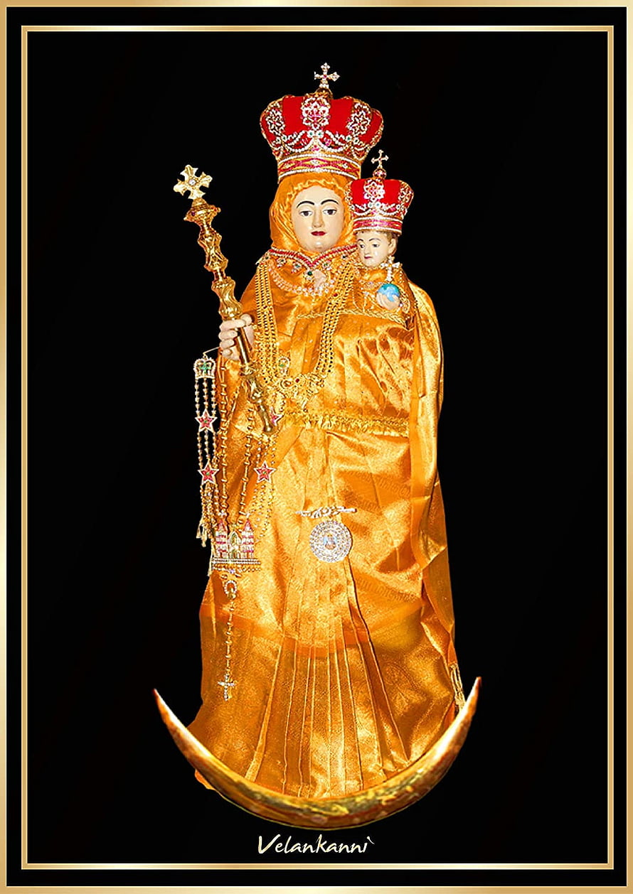 Our Lady of Velankanni Catholic Statue in Golden Robes and Crown HD phone wallpaper