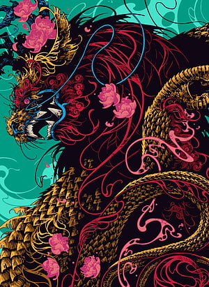 Vibrant Illustration of a Mythical Chinese Dragon with Golden Scales and Pink Flowers HD phone wallpaper