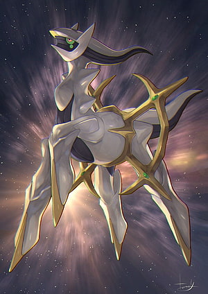 Arceus Digital Artwork: Majestic White and Gold Mythical Creature in Cosmic Setting HD phone wallpaper
