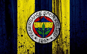 Fenerbahce Spor Kulubu Emblem on Grunge Yellow and Navy Blue Striped Background HD wallpaper