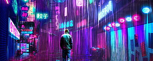 Cyberpunk Alleyway With Loner In Rain And Neon Signs HD wallpaper